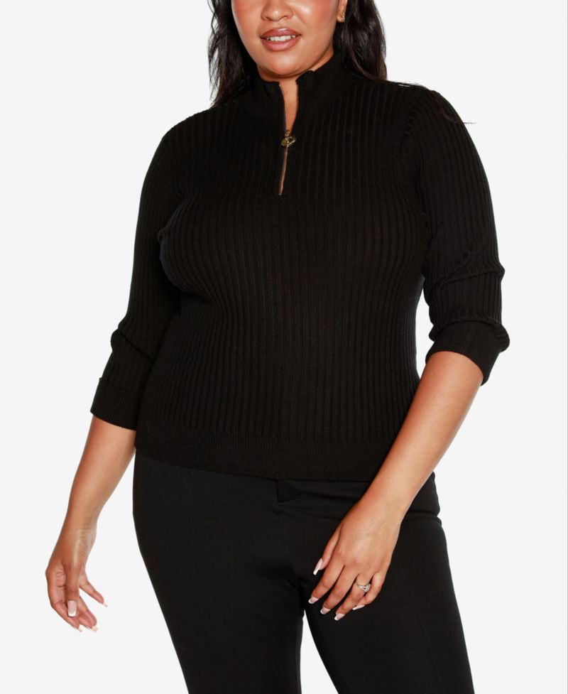 Black Label Plus Size Ribbed Quarter-Zip Sweater