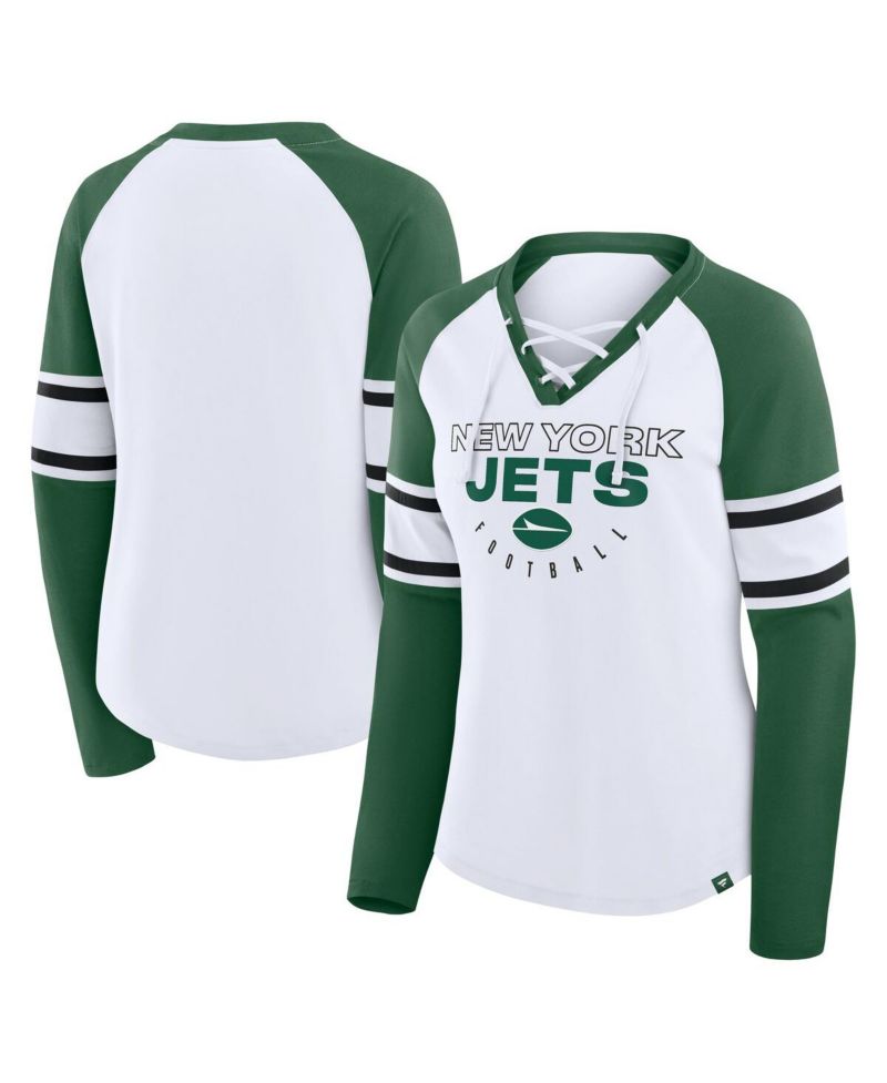 Women's White/Green New York Jets Redzone Blitz Package Raglan Lace-Up V-Neck Long Sleeve T-Shirt