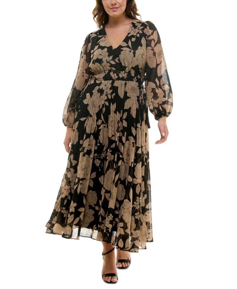 Plus Floral Chiffon V-Neck Pleated Dress