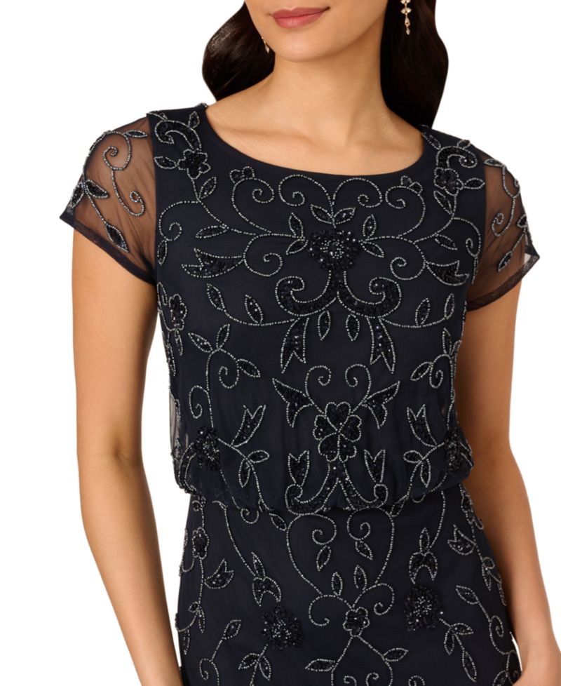 Petite Boat-Neck Short-Sleeve Beaded Blouson Gown