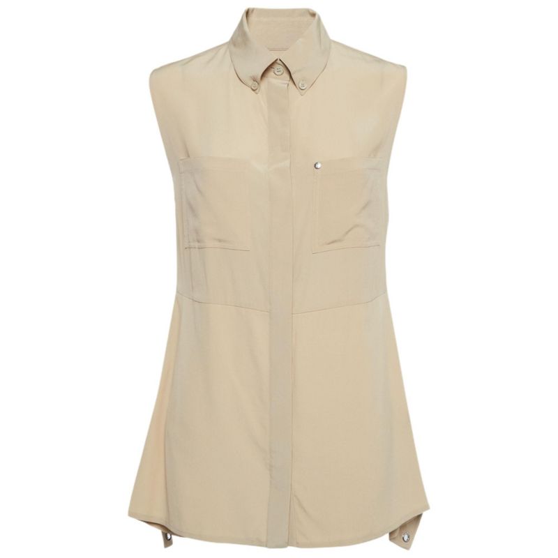 Women's Beige Silk Buttoned A-Line Sleeveless Shirt Blouse