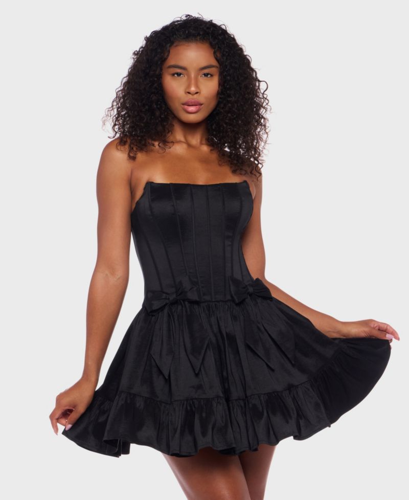 Juniors' Corseted Sleeveless Taffeta Fit & Flare Bow Detail Mini Dress