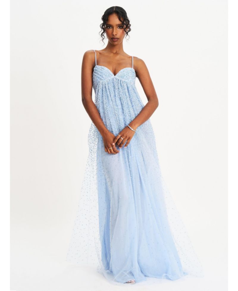 Women's Wallie Baby Blue Rhinestone Embellished Mesh Backless Gown