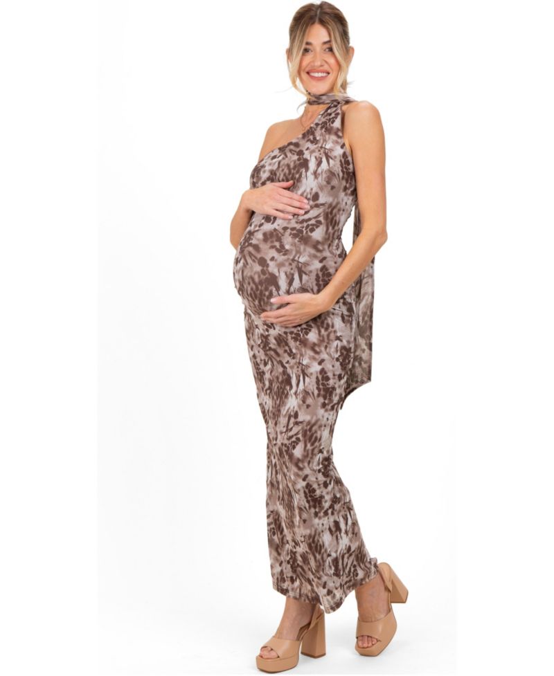 Women's Mocha Printed Halter Maxi Dress