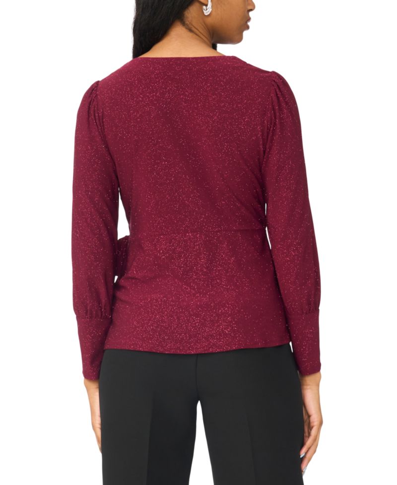 Women's Faux Wrap Metallic Long-Sleeve Top