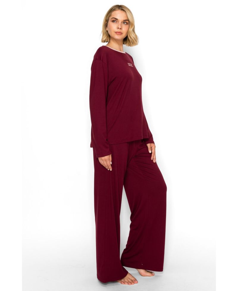 Women's Yummy Jersey Crew Neck Print Top and Wide Leg Pants Set