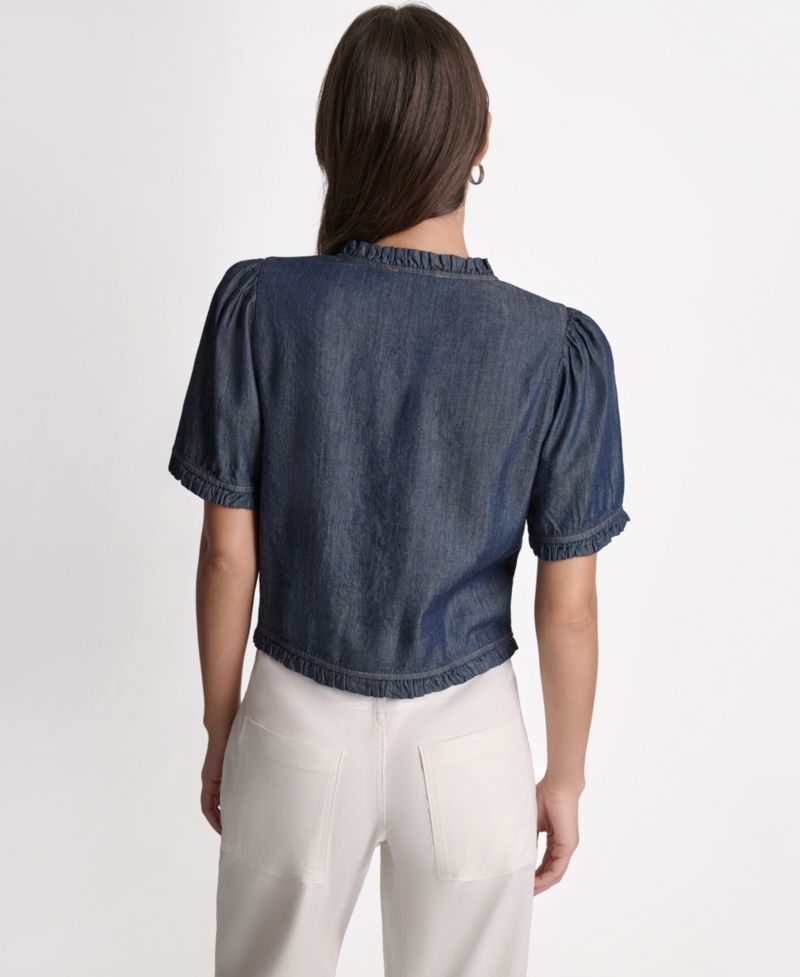 Women's Short-Sleeve Ruffle Detail Button-Front Top