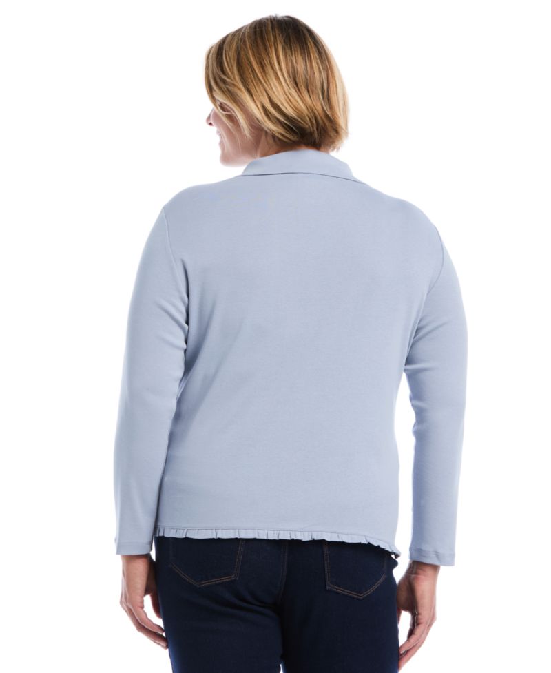 Plus Size Long-Sleeve Point Collar Ruffle-Trim Top