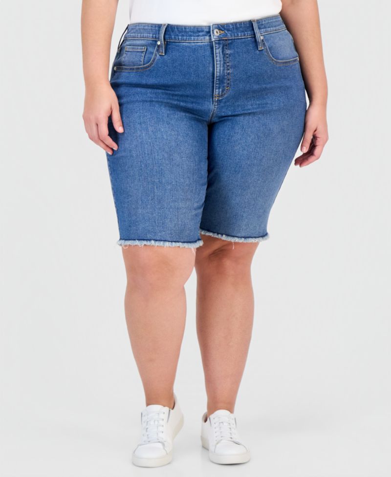 Plus Size Mid-Rise Raw-Edge Bermuda Jean Shorts