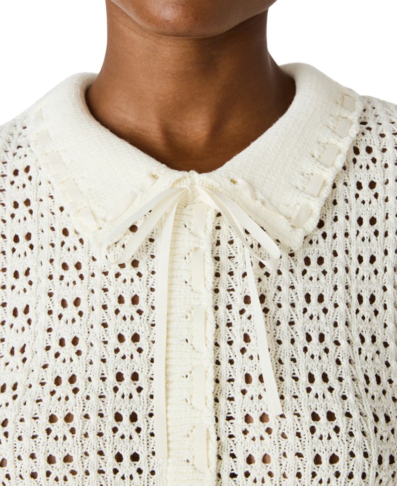 Women's Pointelle Ruffle Collared Cardigan Sweater