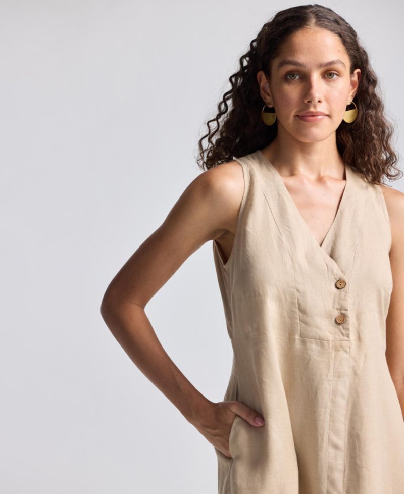 Women's Straight Dress with Front Slit in Neutral Beige Hemp