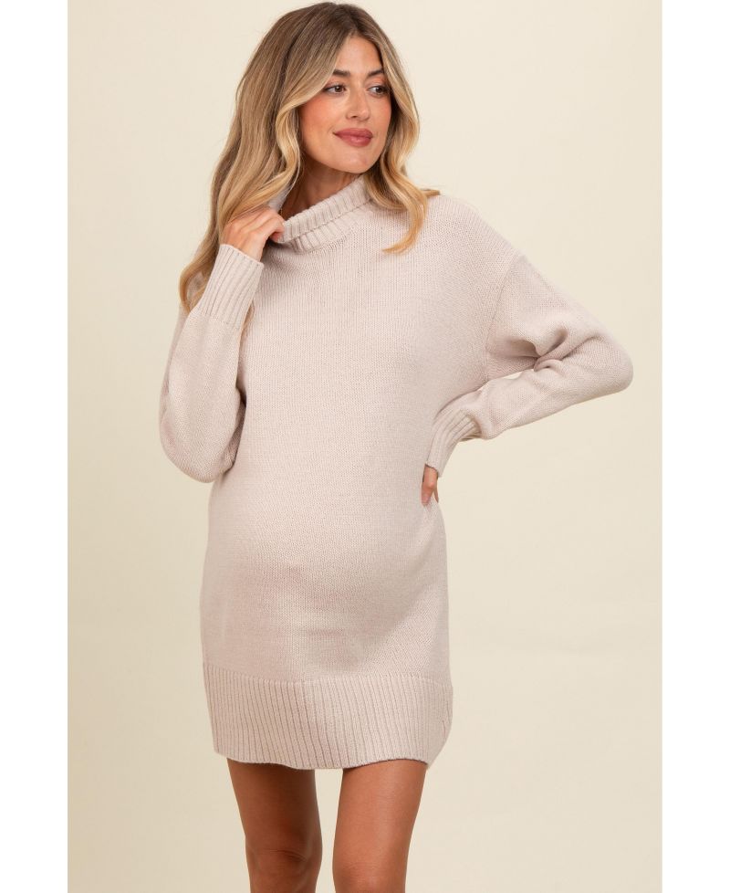 Women's Beige Turtle Neck Mini Sweater Dress