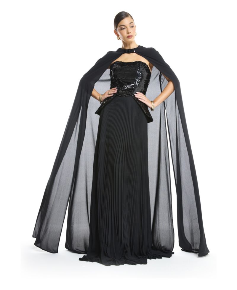 Women's Sequin Bustier Pleated Evening Gown with Detachable Cape