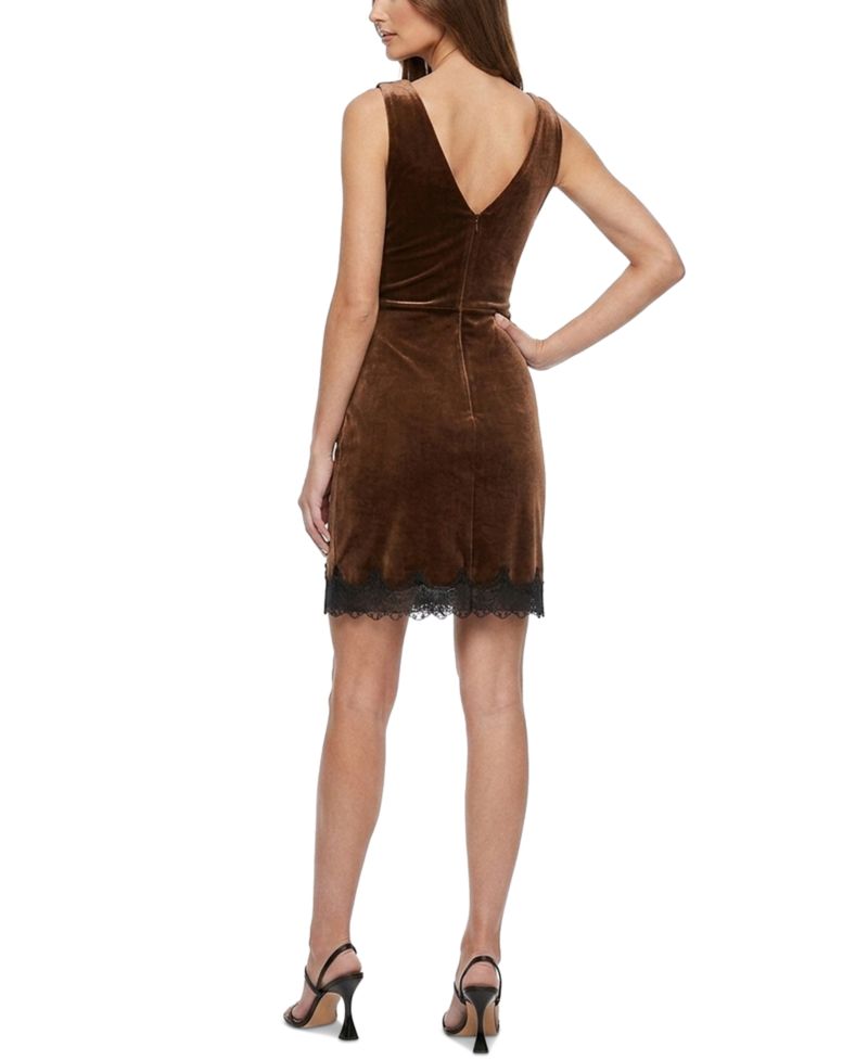 Women's Velvet Cowl Neck Lace Trim Mini Dress