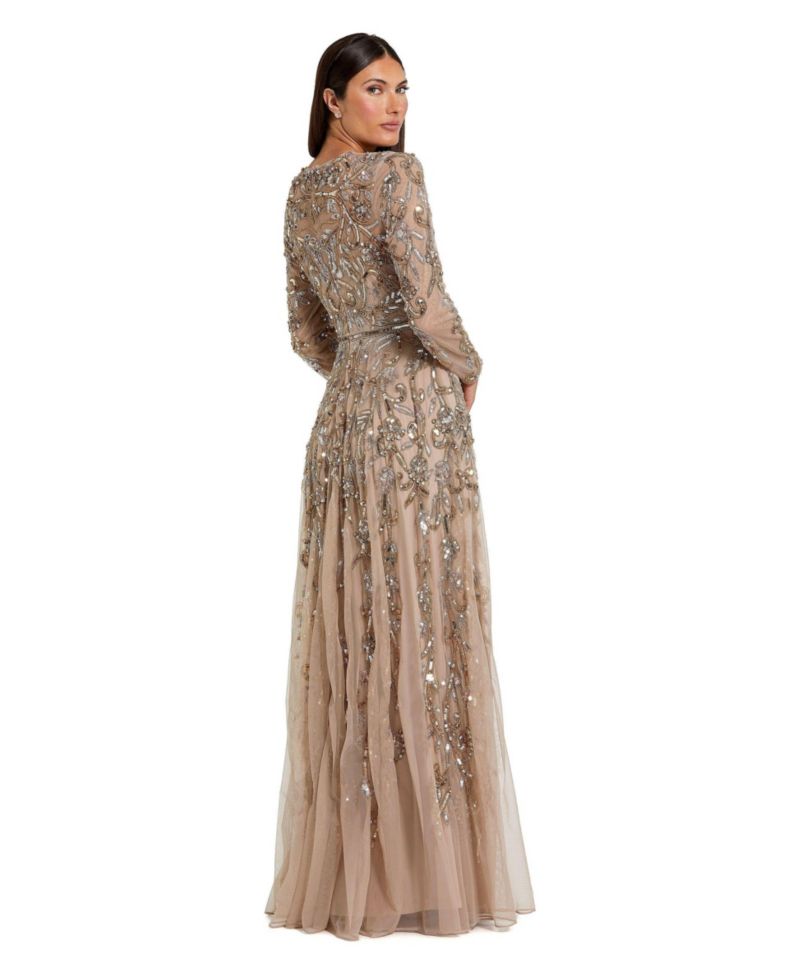 Women's Long Sleeve Hand-Embellished Illusion Neckline Evening Gown