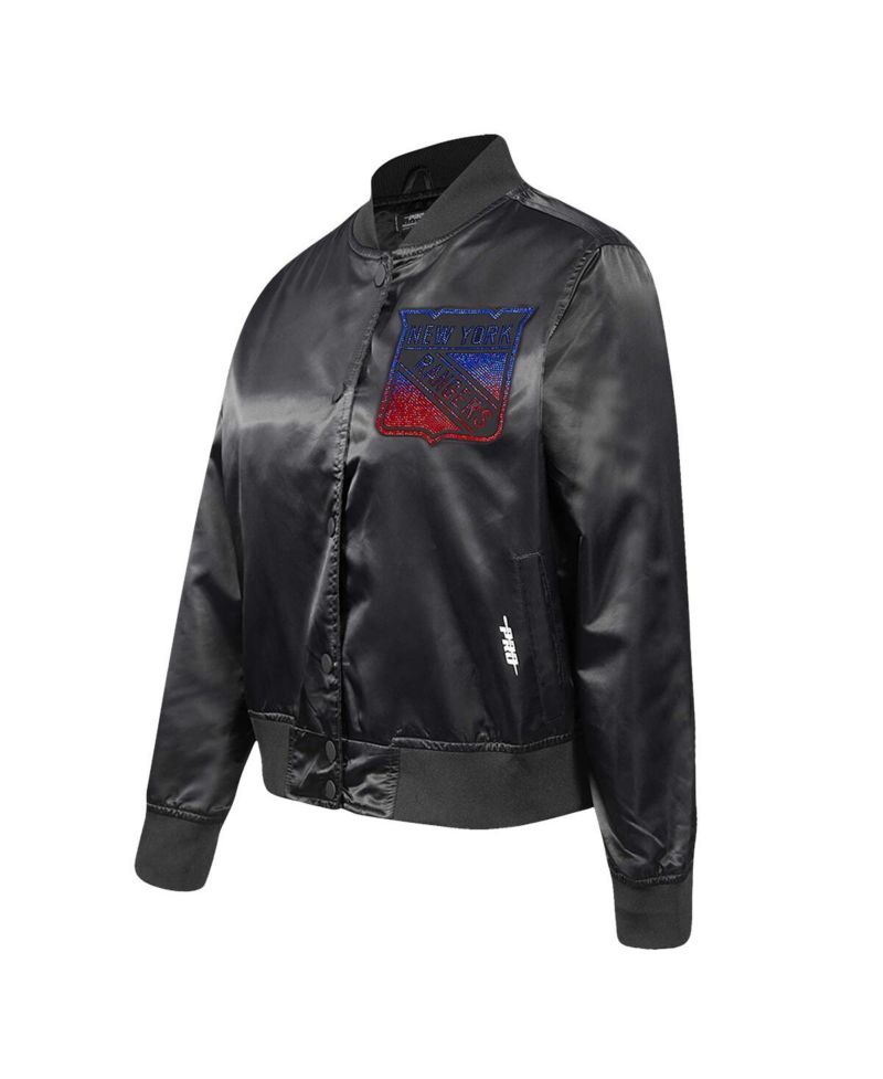 Women's Black New York Rangers Rhinestone Jewels Satin Full-Snap Jacket