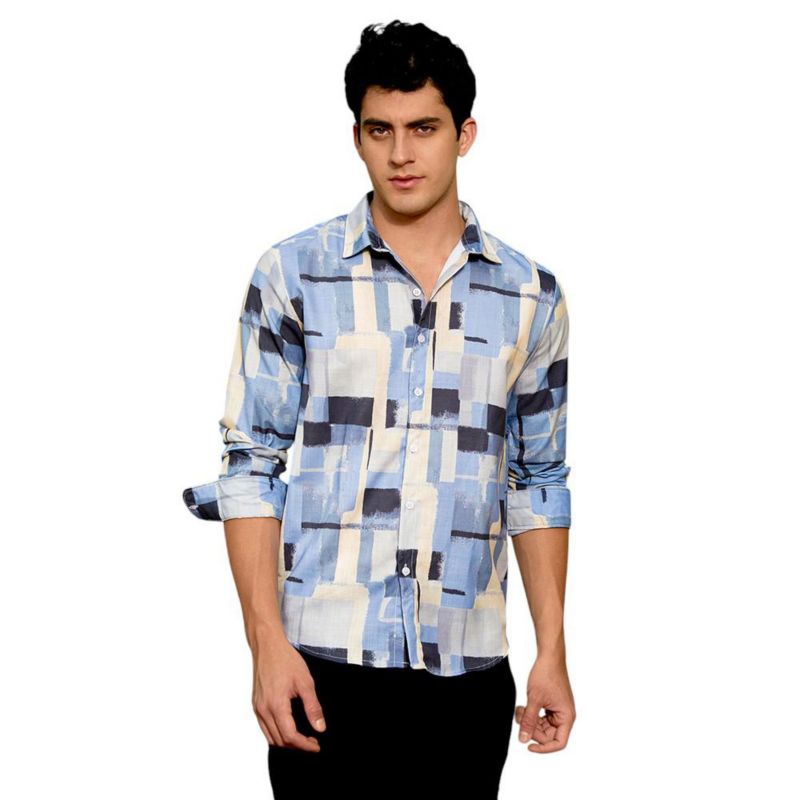 Men's Powder Blue & Pale Yellow Cubic-Overlap Shirt