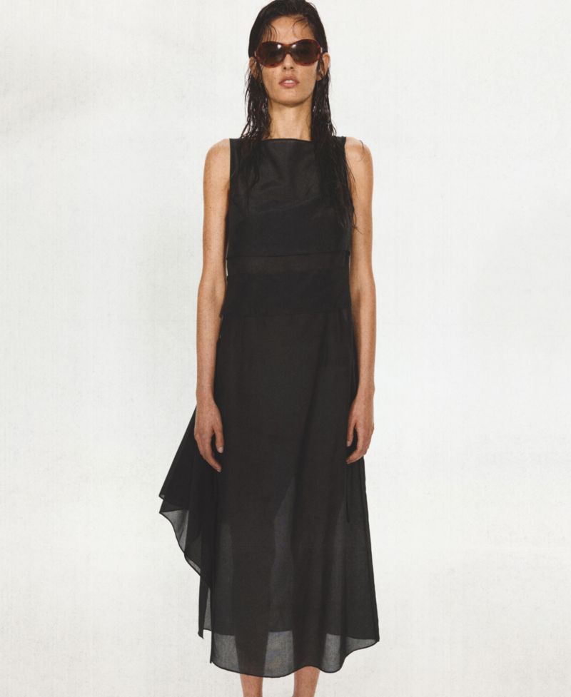 Women's Asymmetrical Overlay Semi-Sheer Midi Dress