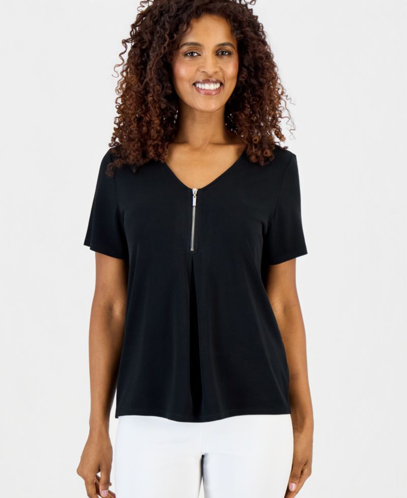 Women's V-Neck Front-Zip Pleated Top