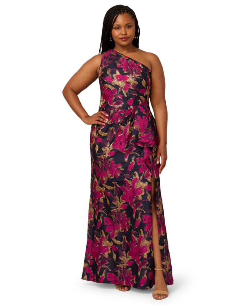 Plus Size Metallic Jacquard One-Shoulder Long Dress