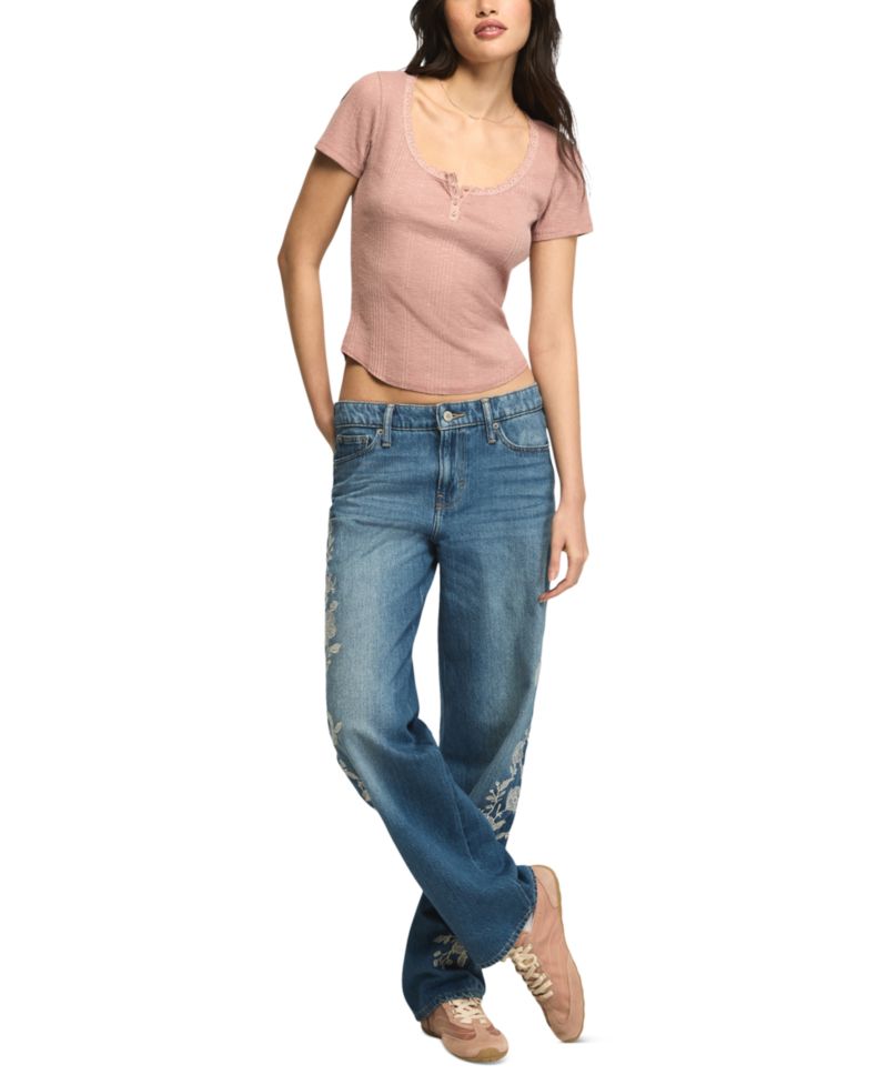 Women's Lace-Trim Short-Sleeve Henley T-Shirt