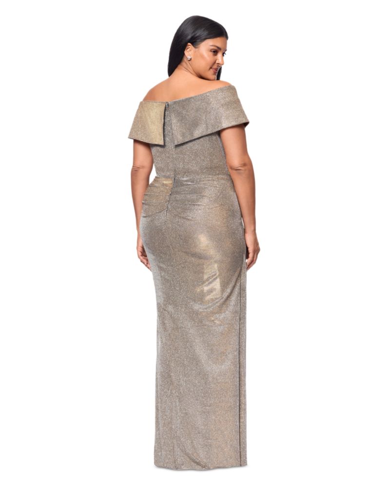 Petite Off-The-Shoulder Ruffled Glitter Gown