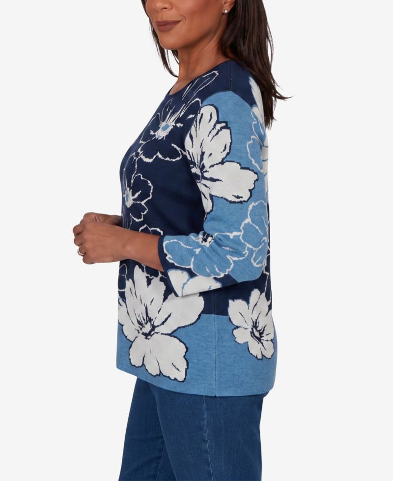 Petite Floral-Print 3/4-Sleeve Crewneck Sweater