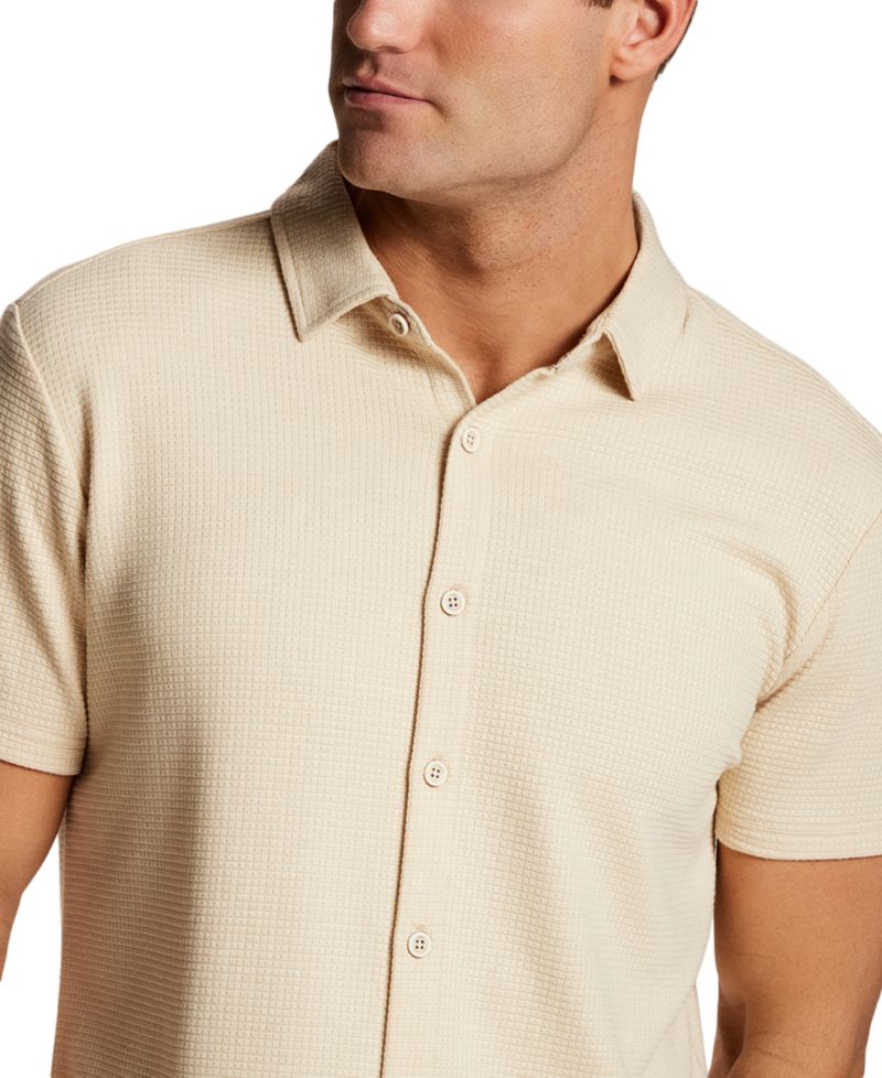 Men's Solid Waffle Coat Front Short-Sleeve Shirt