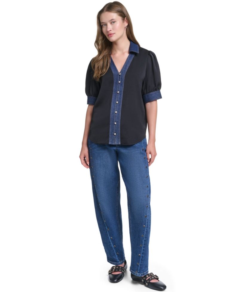 Petite Denim Collar Button-Front Blouse