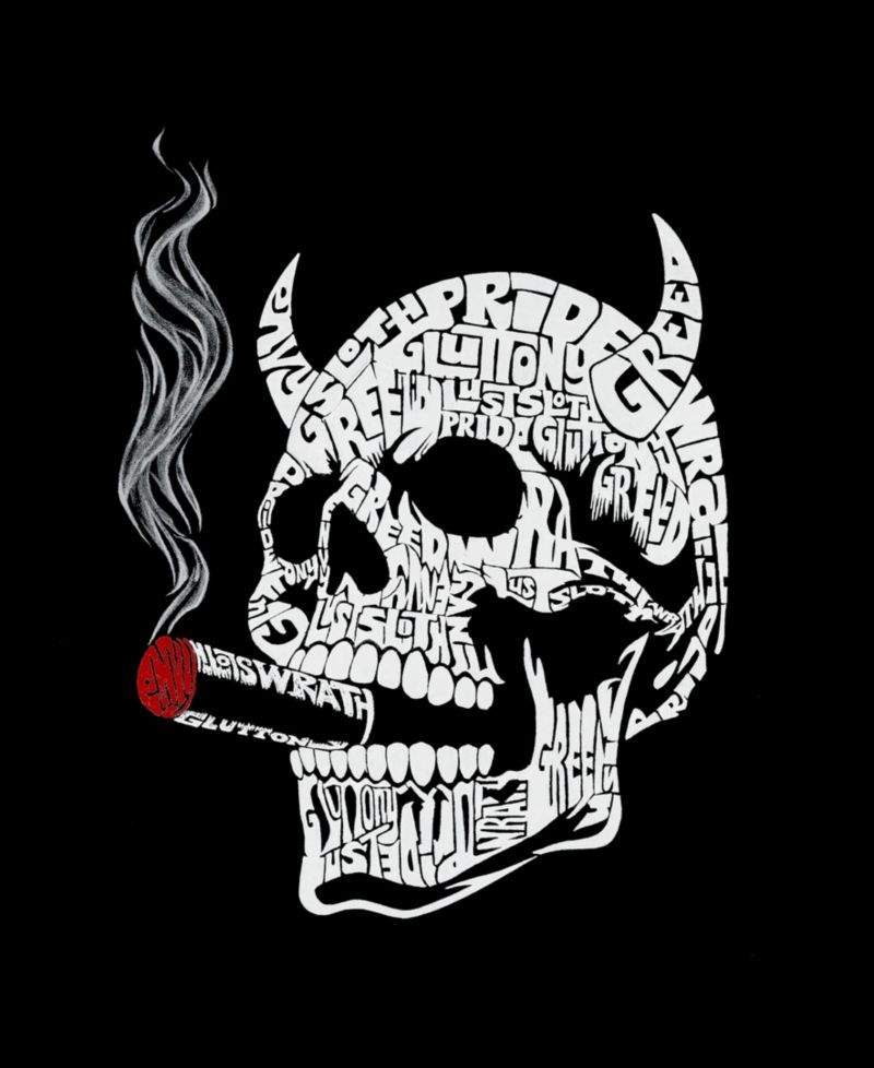 Men's Cotton/Poly Blend Word Art T-Shirt - 7 Deadly Sins Skull