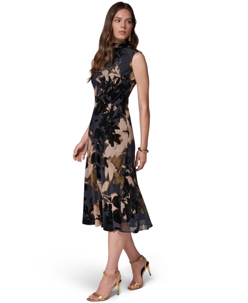 Women's Floral-Print Velvet Burnout A-Line Midi Dress