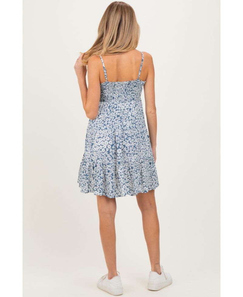 Women's Blue Floral Smocked Sleeveless Mini Dress