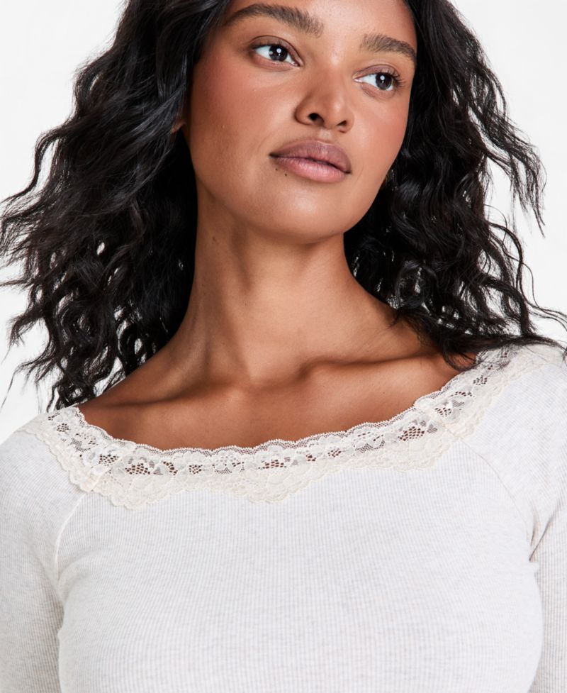 Petite Lace-Trim Scoop-Neck Long-Sleeve Top
