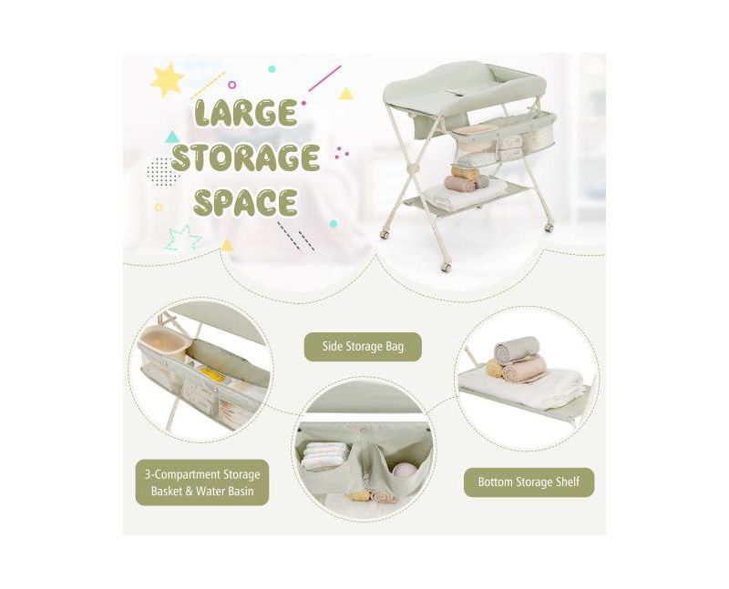 Portable Baby Changing Table with Water Basin and Rolling Wheels for Nursery