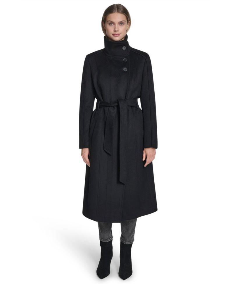 Women's Asymmetric Belted Long Wool-Blend Coat