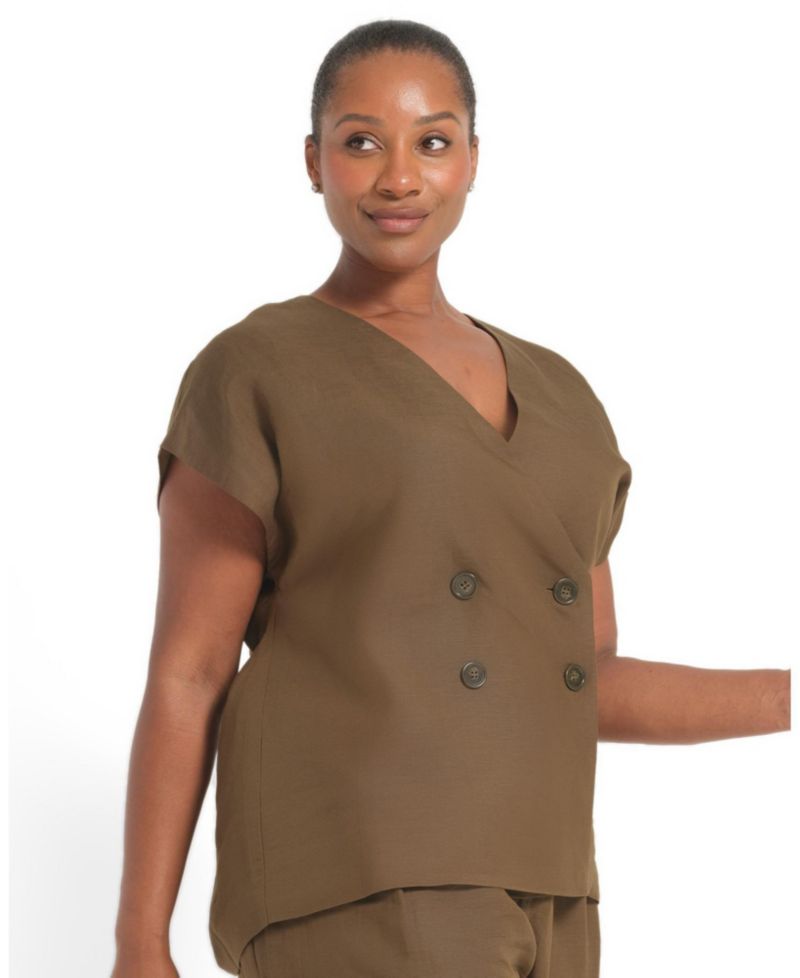 Plus Size Katrina Double-Breasted Sleeveless Linen-Blend Blazer