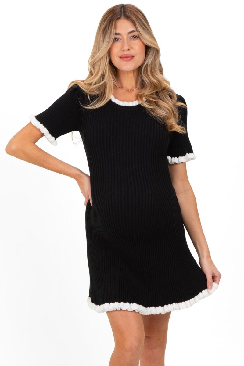 Women's Ribbed Knit Ruffle Trim Mini Dress