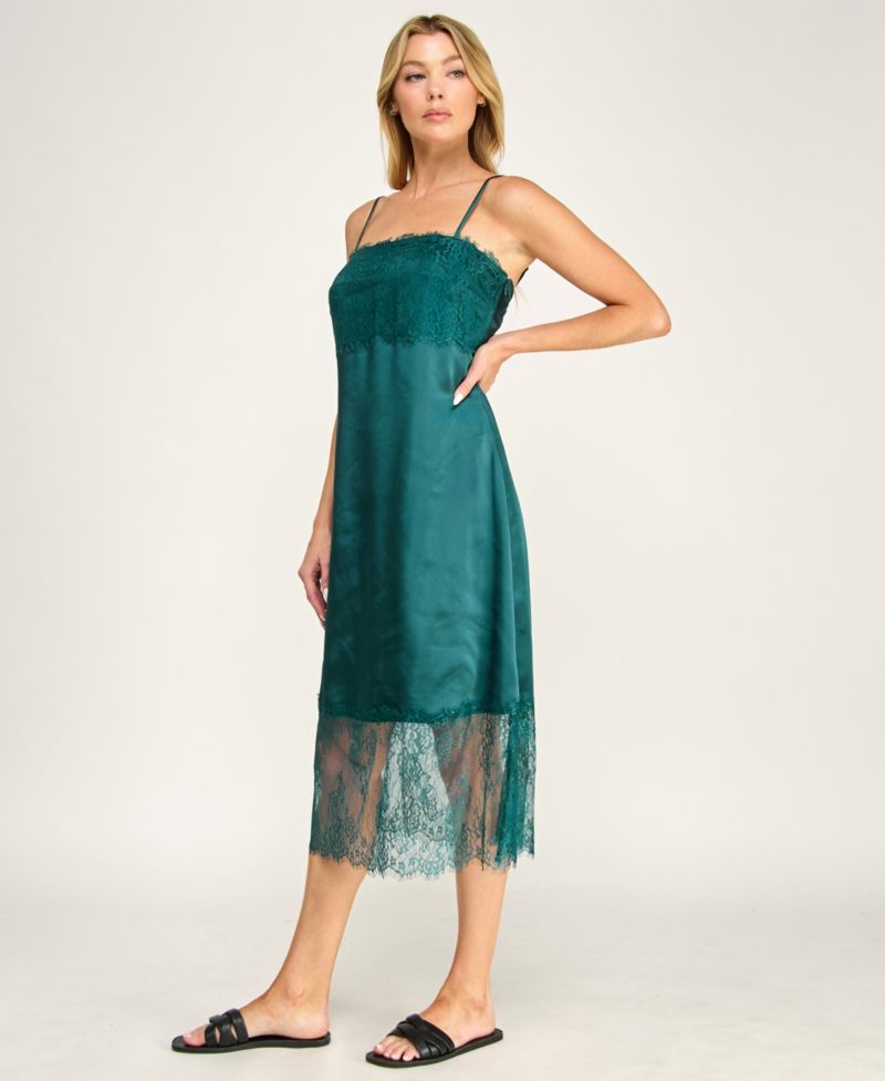 Juniors' Sleeveless Lace and Satin Slip Midi Dress