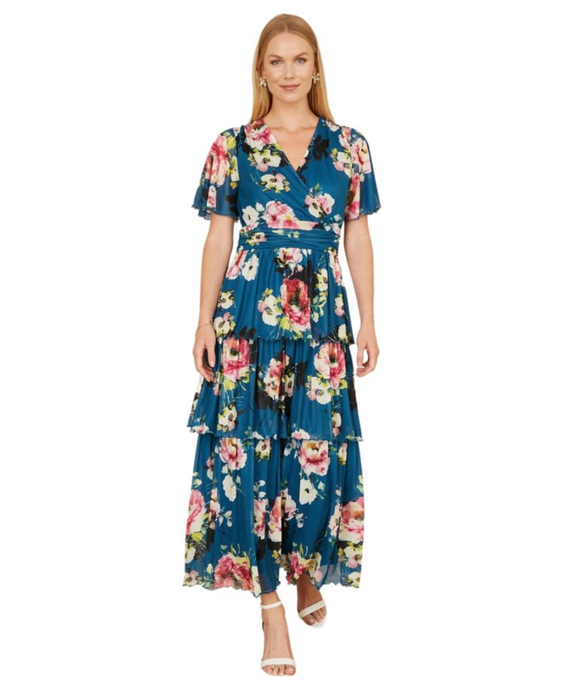 Women's Mesh V-Neck Tiered Maxi Dress