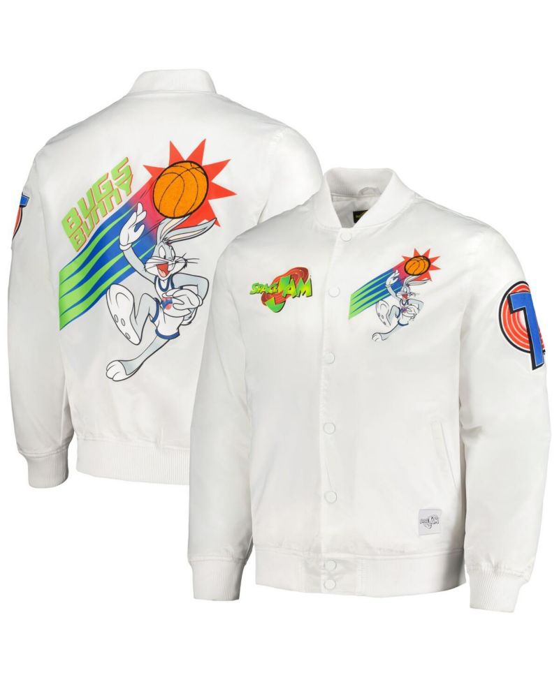 Men's White Looney Tunes Graphic Satin Full-Snap Jacket