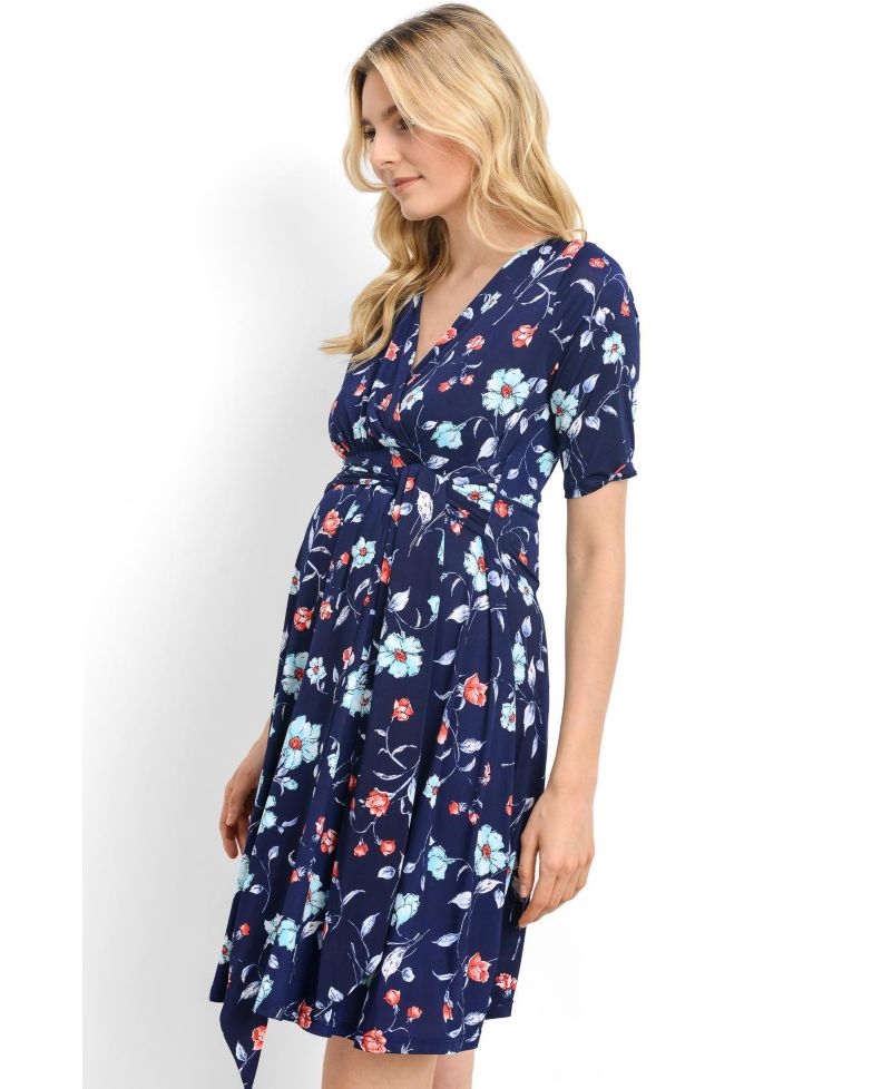 Women's Floral Short Sleeve Nursing Dress with Waist Tie