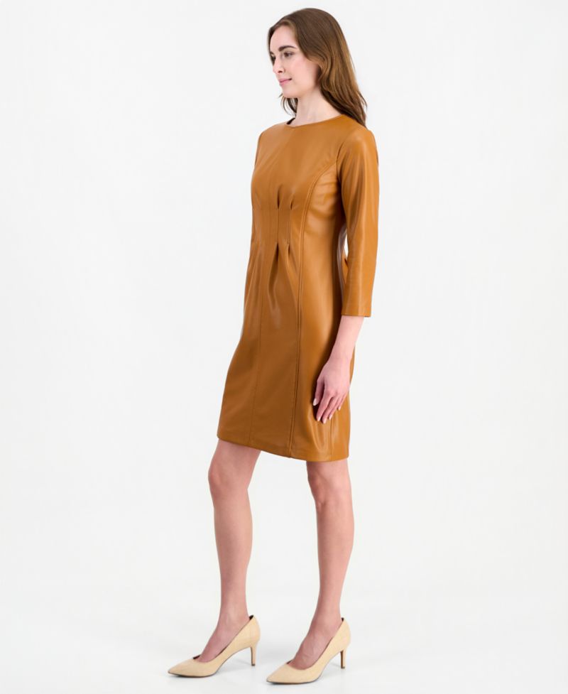 Women's Pleated Waist Sheath Knee-Length 3/4 Sleeve Dress