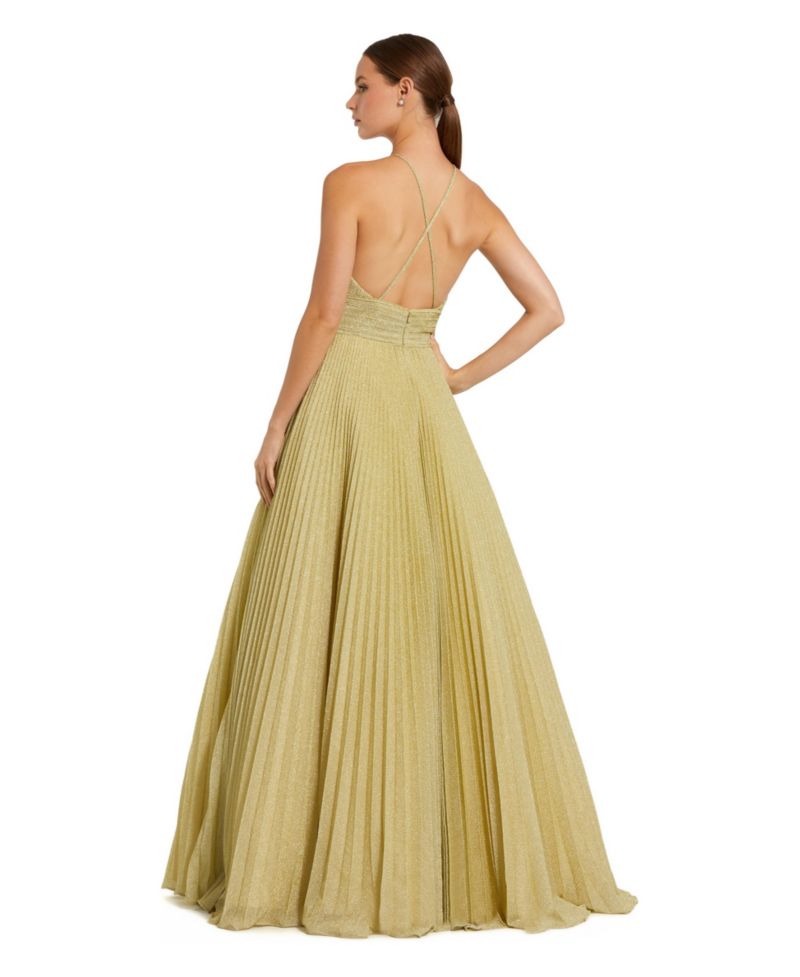 Women's Shimmering Pleated Georgette High Neck Gown