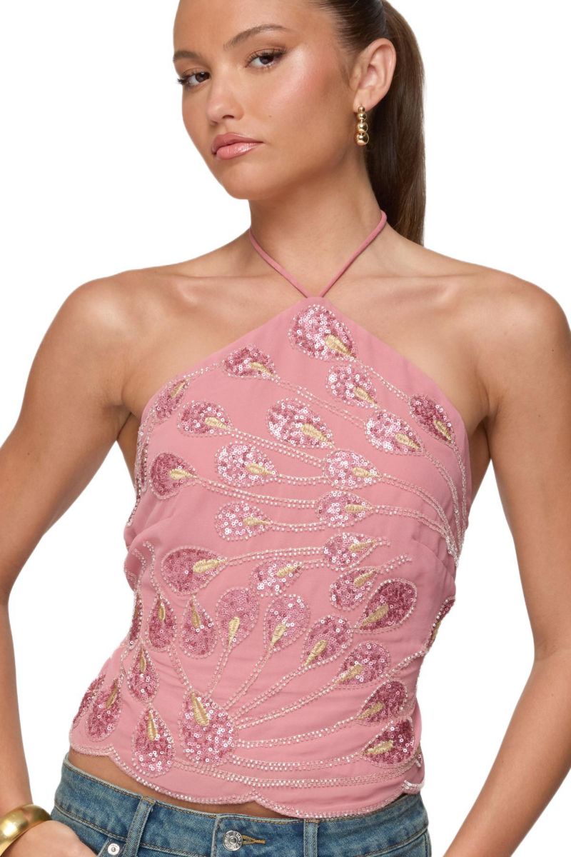 Women's Embroidered Bead and Sequin Halter Top
