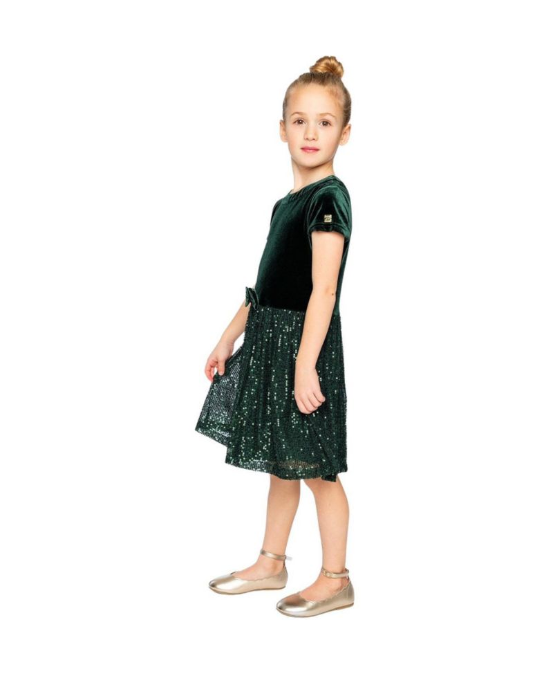 Girls (6-14) Bi-Material Short Sleeve Dress with Glittering Skirt