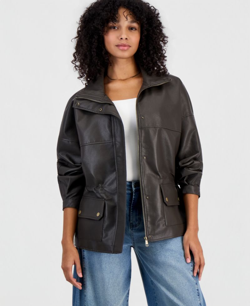 Women's Peplum Oversized Funnel-Neck Faux Leather Jacket