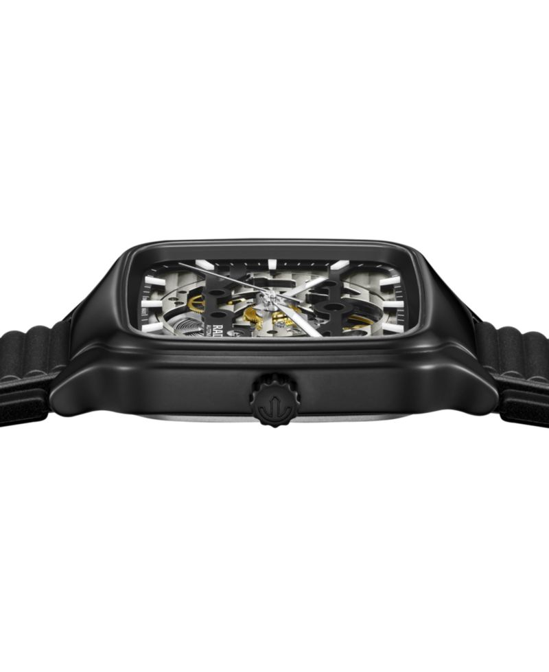 Unisex Swiss Automatic True Square Skeleton Black Rubber Strap Watch 38mm