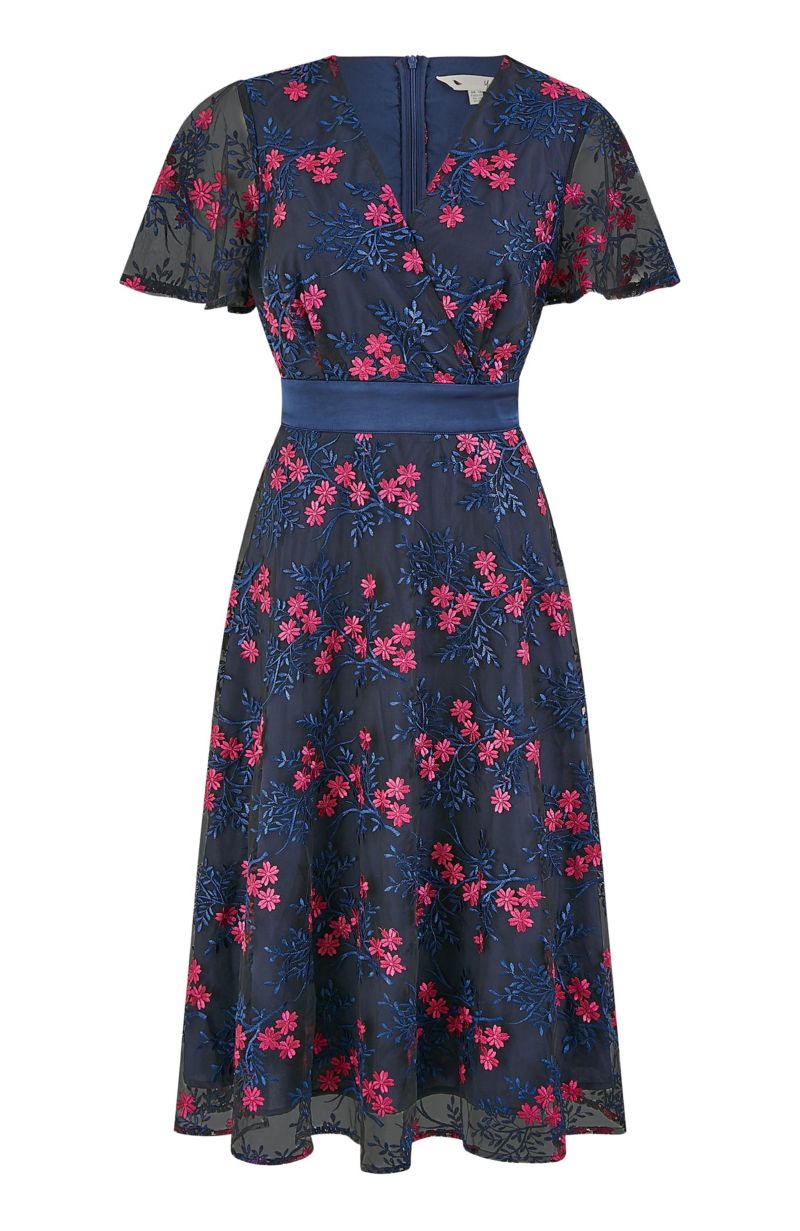 Women's Floral Mesh Wrap Midi Skater Dress