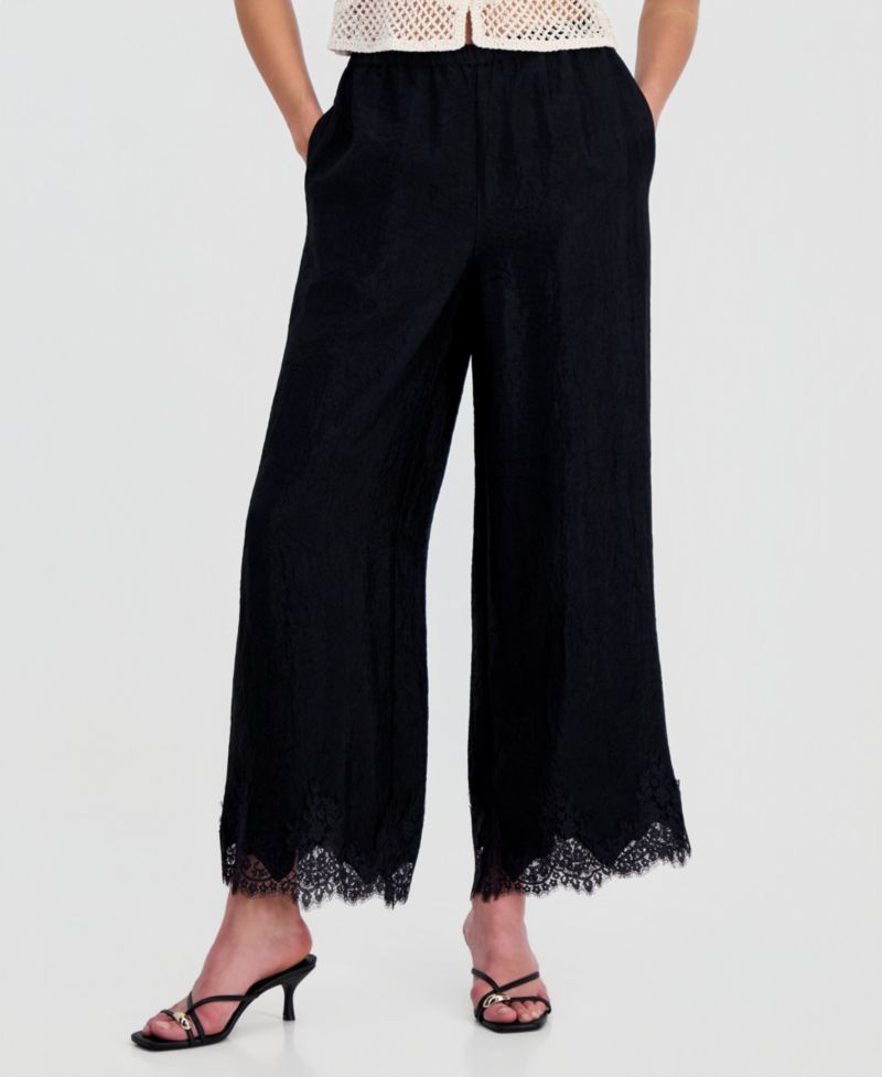 Women's Crinkle Satin Lace-Hem Pull-On Pants