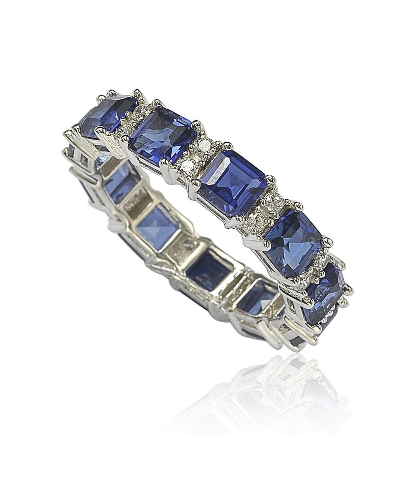 Suzy Levian Sterling Silver Sapphire & Created White Sapphire Assacher Cut Eternity Band Ring